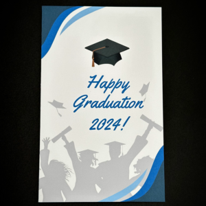 Graduation card with blue accents.