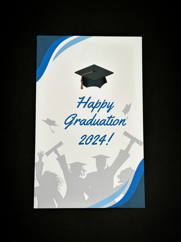 Graduation card with blue accents.