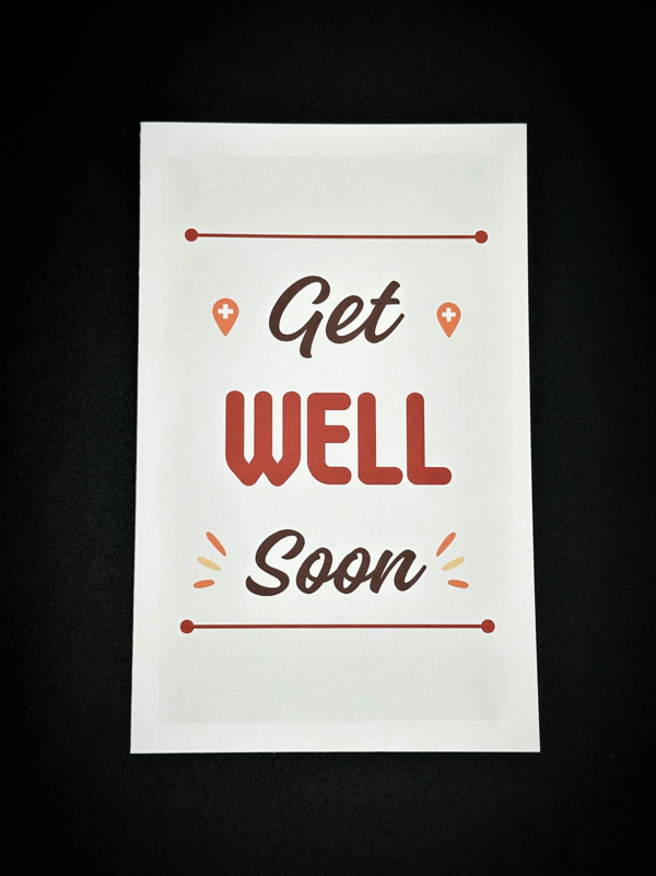 Get well soon card with red accents.