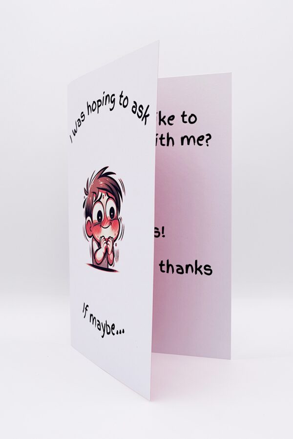 Funny card with blushing cartoon man.