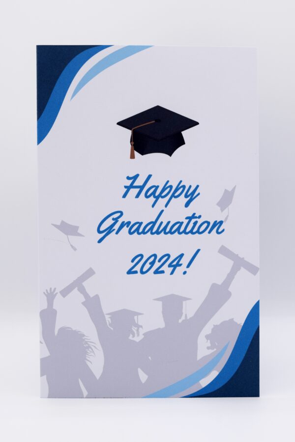 Graduation card with blue and white colors.