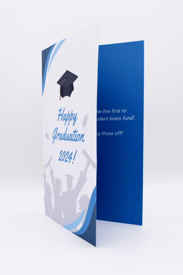 Graduation card with blue accents.