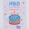 Birthday card with cake and gift.