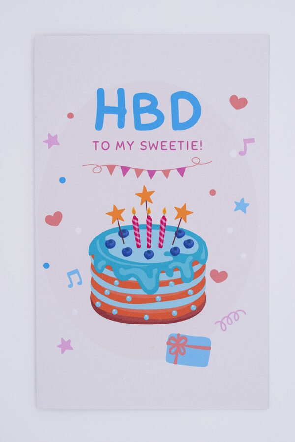 Birthday card with cake and gift.