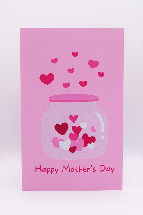 Pink card with hearts in a jar. Happy Mother's Day.