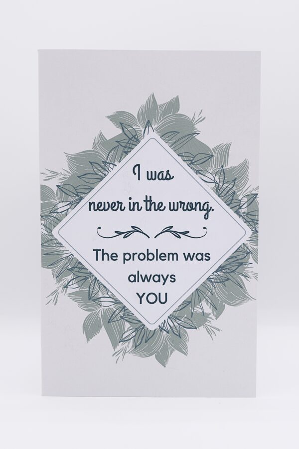 Card with humorous quote about blame.