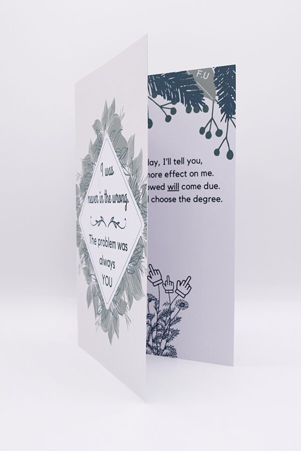 Card with rude message and floral design.