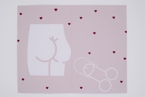 A pink card with hearts and a couple's silhouette.