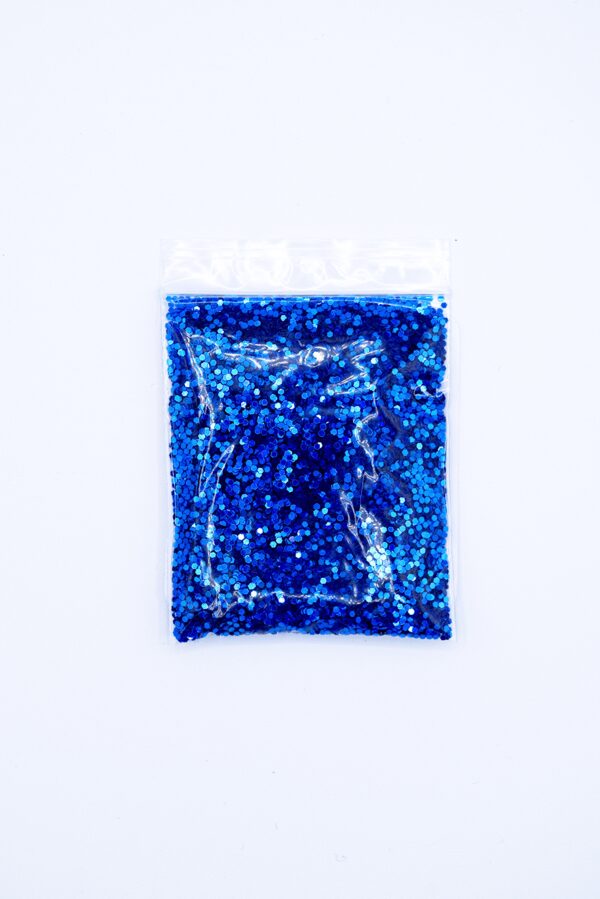 Blue glitter in a plastic bag.