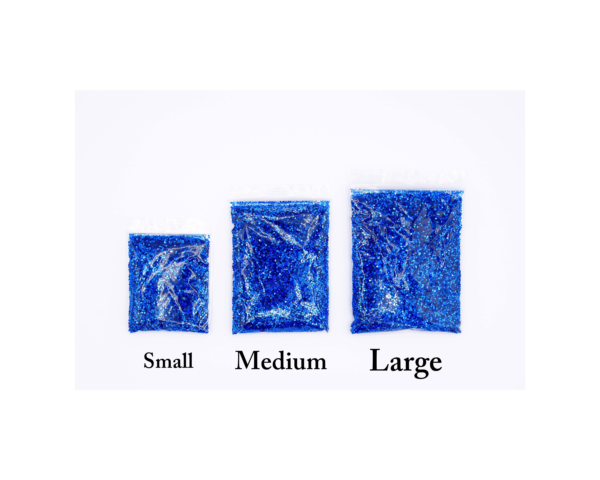 Blue glitter in small, medium, and large bags.