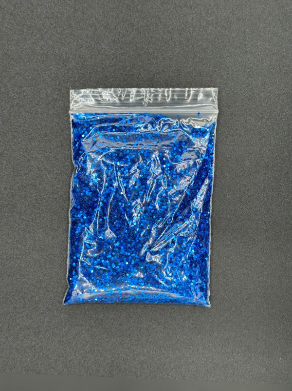 Blue glitter in a plastic bag.