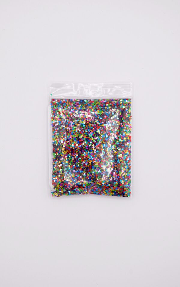 Bag of colorful iridescent glitter.