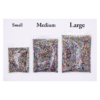 Small, medium, and large bags of glitter.