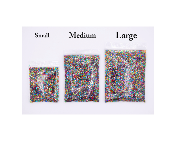 Small, medium, and large bags of glitter.