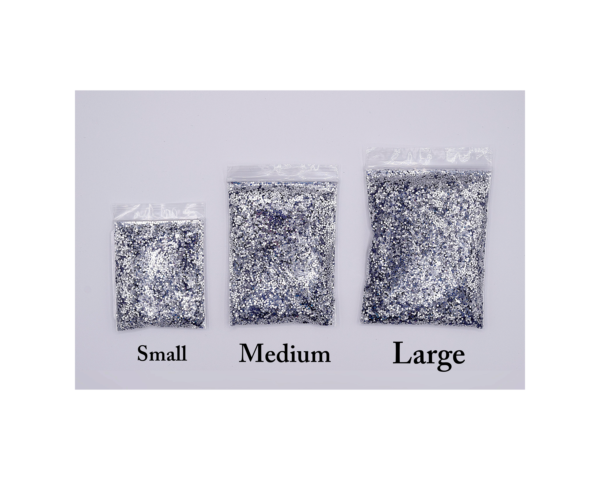 Silver glitter in small, medium, and large sizes.