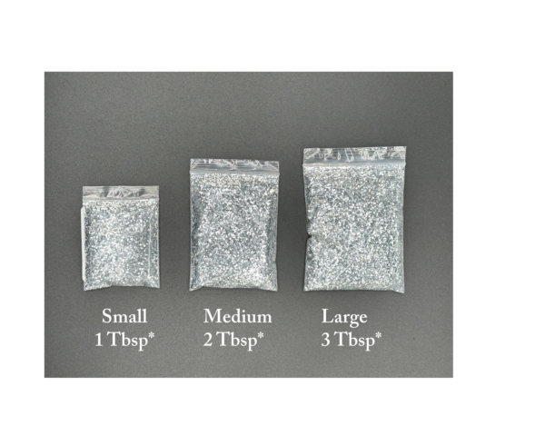 Three sizes of silver glitter in bags.