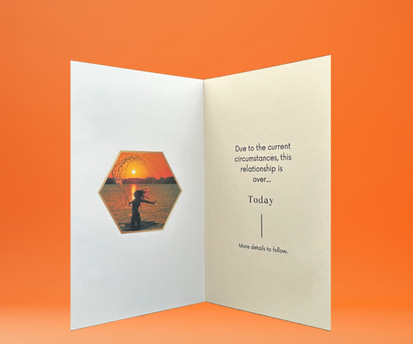 Breakup card with sunset photo.