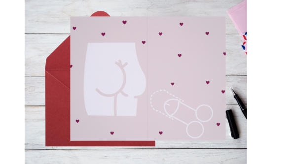 Card with heart-shaped decorations and a penis.