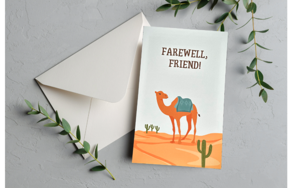 Farewell card with a camel in the desert.