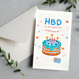 Happy birthday card with cake and gift.