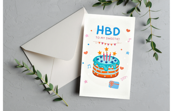 Happy birthday card with cake and gift.