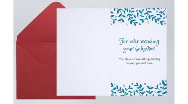 Card with blue floral border and text.